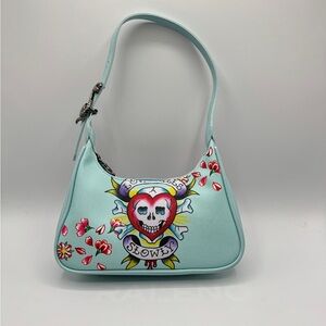 Light Blue Shoulder Bag with Heart Skull Graphic